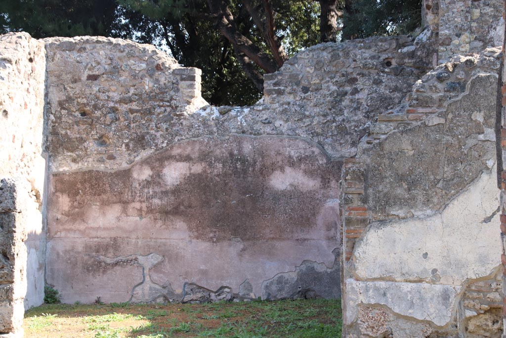 VIII.3.24 Pompeii. October 2022. 
Looking towards tablinum and east wall with high window taking light from the garden of the neighbouring house at VIII.3.14.
Photo courtesy of Klaus Heese. 
The floor of the tablinum was of simple cocciopesto. 
The wall decoration was of fourth style with a high black zoccolo with panels showing geometric patterns or plants and compartments with a central corolla. 
The middle zone was red, fallen for the most part on the north wall, but repeating the same colouring on the other walls. 
The middle zone of the east wall was seen with two red panels with a central compartment dividing them.  
At the top was a square window opening onto the garden of the neighbouring house at VIII.3.14.
Photo courtesy of Klaus Heese. 
The floor of the tablinum was of simple cocciopesto. 
The wall decoration was of fourth style with a high black zoccolo with panels showing geometric patterns or plants and compartments with a central corolla. 
The middle zone was red, fallen for the most part on the north wall, but repeating the same colouring on the other walls. 
The middle zone of the east wall had a central compartment between two red panels. 
At the top was a square window opening onto the garden of the neighbouring house at VIII.3.14.