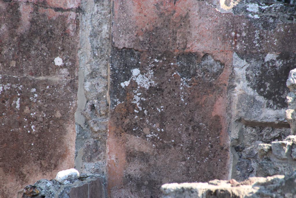 VIII.3.24 Pompeii. October 2022. Detail from east wall of a cubiculum. Photo courtesy of Klaus Heese. 
According to PPM –
“The zoccolo would have been red, the middle zone was structured with two yellow panels separated by a red central compartment; 
in the red upper zone light architectural lines were seen.”
See Carratelli, G. P., 1990-2003. Pompei: Pitture e Mosaici. VIII (8). Roma: Istituto della enciclopedia italiana, p. 435, no.30.