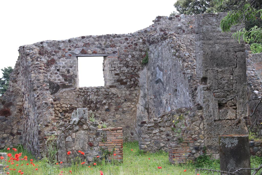 VIII.3.31 Pompeii. May 2024. 
Large exedra with window and antechamber, on east side of the peristyle, taken across the wall of VIII.3.29. Photo courtesy of Klaus Heese.