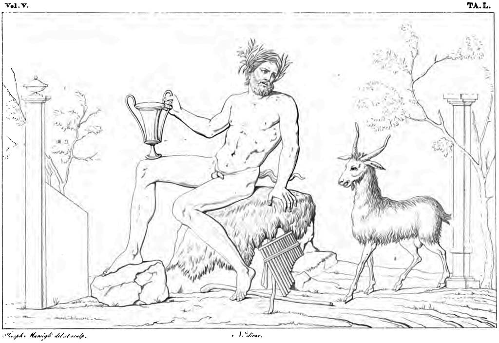 VIII.3.31 Pompeii? Pre-1829. 
Drawing of Faun with goat which may have been seen in one of the rooms on the east side of the peristyle.
According to CTP –
The name of this house must have originated from a painting of Pan found there, see N. Corcia, Storia Delle Due Sicilie Dall'Antichità Più Remota Al 1789, Vol. II, Napoli, 1845, p.381.
See Van der Poel, H. B., 1983. Corpus Topographicum Pompeianum, Part II. Austin: University of Texas, (p.302, footnote 5).
According to RMB –
The man who, …………………………, sees at the corner of this Forum, opposite to that where the Basilica is, a road wide enough, in which a few feet away from the portico was a fountain. Behind this fountain opens a small door that leads into a house neither large nor much adorned. At the rear of the peristyle of this house you can see painted, in a small room, the faun in this published drawing (tav. L), whose composition was rather graceful …………
See Real museo Borbonico, Vol. V (5), 1829, Tav. L (50).
According to Eschebach, this may have been found and seen in this house, but now no longer available.
See Eschebach, L., 1993. Gebäudeverzeichnis und Stadtplan der antiken Stadt Pompeji. Köln: Böhlau, (p.368).
(Note: from the description in RMB – “a small door leading into a house neither large nor much adorned. 
At the rear of the peristyle of this house you can see painted, in a small room, the faun in this published drawing (tav. L), …………………”. 
The small door could also have described the doorway of VIII.2.12, (on the opposite side of Via delle Scuole from VIII.3.31), leading into the peristyle of VIII.2.13, with small rooms on its south side.
However, we will bow to the knowledge of CTP, and Eschebach, and leave the drawing here.)
