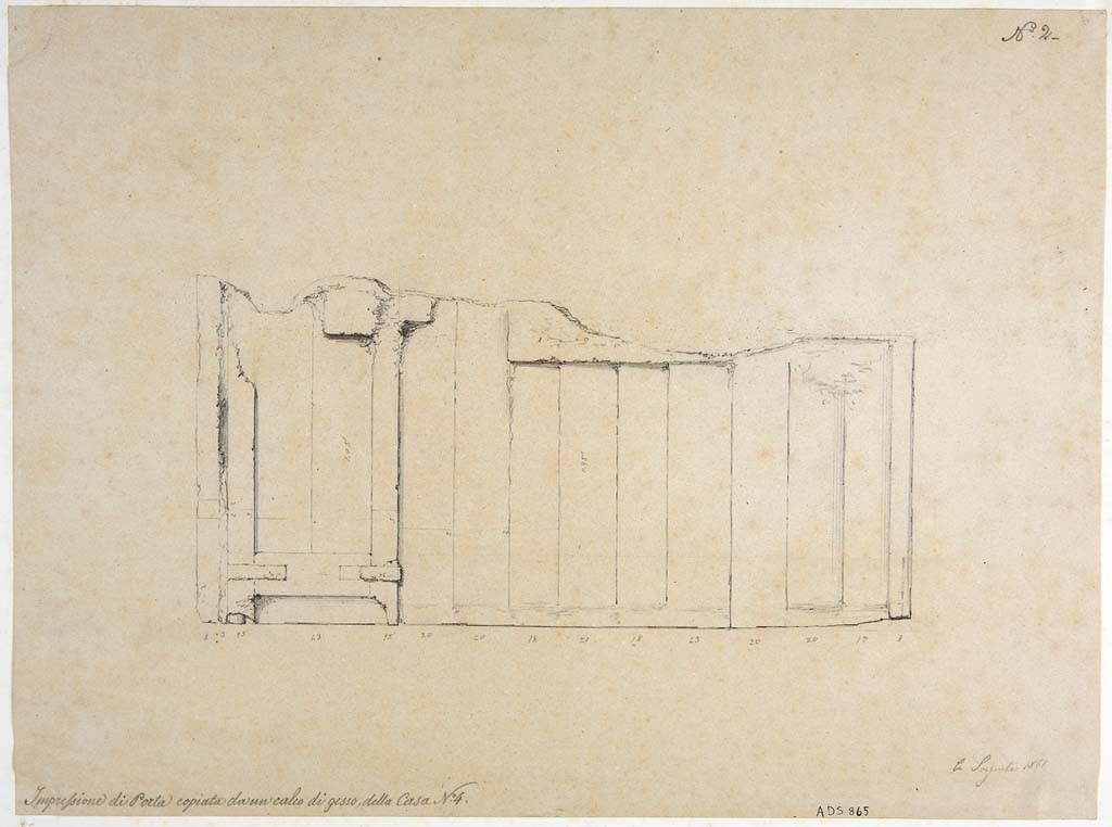 VIII.4.1 Pompeii. Drawing by Carlo Sorgente, 1861, of the impression of the door copied from a plaster-cast which was left in situ for some time, but no longer there.
Now in Naples Archaeological Museum. Inventory number ADS 865.
Photo © ICCD. http://www.catalogo.beniculturali.it
Utilizzabili alle condizioni della licenza Attribuzione - Non commerciale - Condividi allo stesso modo 2.5 Italia (CC BY-NC-SA 2.5 IT)