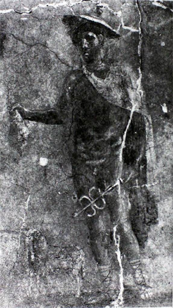 VIII.4.3 Pompeii. Old undated photograph of painting of Mercury from inside shop.
Mercury is holding the purse, the caduceus and wearing the winged helmet.
Now in Naples Archaeological Museum.  Inventory number 9450.
