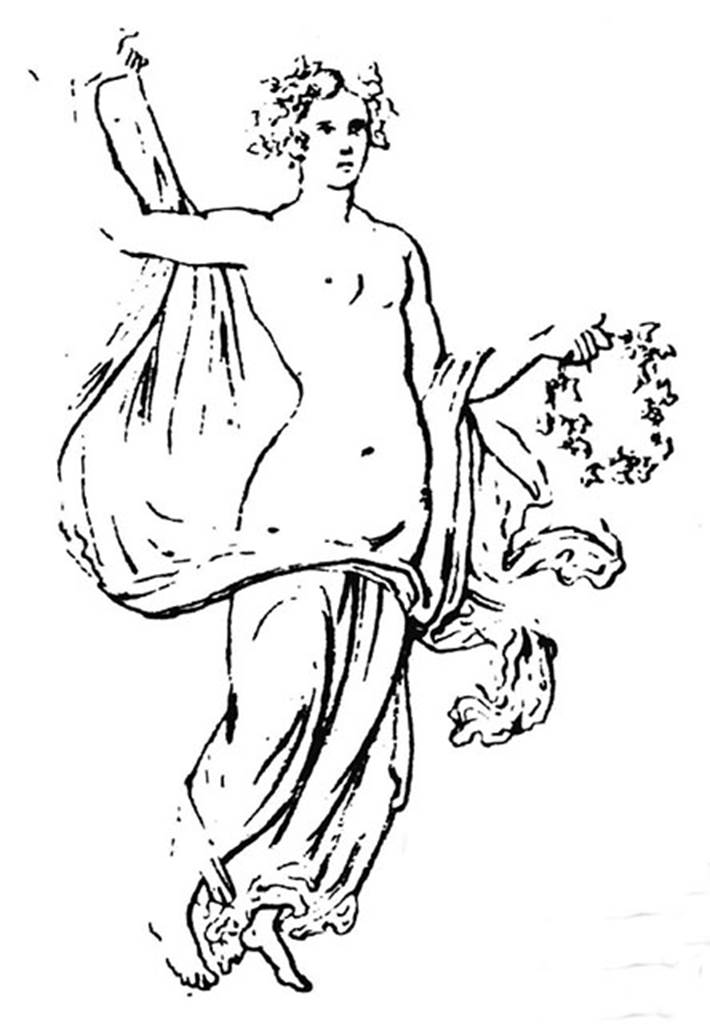 VIII.4.4 Pompeii. Entrance corridor or fauces. 1861 drawing of floating figure carrying a wreath of ivy. 
Now in Naples Archaeological Museum. Inventory number 9149.
See Giornale di Scavi 1861, Tav. III no. 1.
See Richardson, L., 2000. A Catalog of Identifiable Figure Painters of Ancient Pompeii, Herculaneum. Baltimore: John Hopkins. (p.156)
See Helbig, W., 1868. Wandgemälde der vom Vesuv verschütteten Städte Campaniens. Leipzig: Breitkopf und Härtel, 1909.