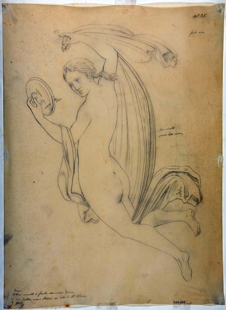 VIII.4.4 Pompeii. Entrance corridor or fauces. Pre-1849 drawing by G. Abbate of floating figure carrying a mirror. 
According to the ICCD Scheda, "Il disegno raffigura la vignetta che decorava una parete del vestibolo 1 della Casa di Holconius Rufus a Pompei (VIII 4, 4), staccata e conservata al Museo Archeologico Nazionale di Napoli".
Now in Naples Archaeological Museum. Inventory number ADS837.
Photo © ICCD. http://www.catalogo.beniculturali.it
Utilizzabili alle condizioni della licenza Attribuzione - Non commerciale - Condividi allo stesso modo 2.5 Italia (CC BY-NC-SA 2.5 IT)