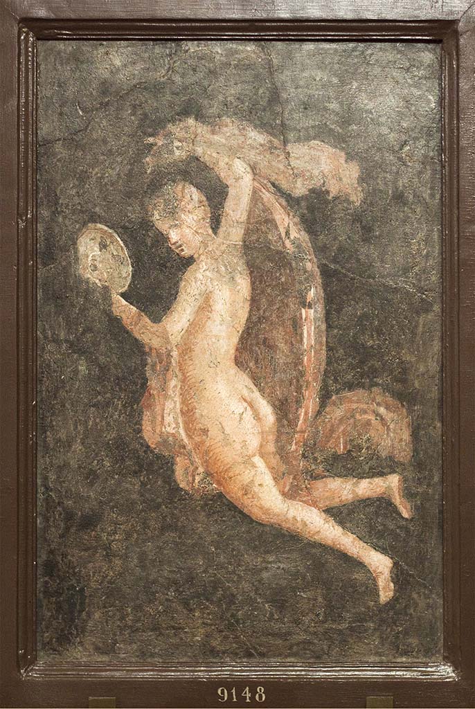 VIII.4.4 Pompeii. Entrance corridor or fauces. Painting of floating figure carrying a mirror.
It seems to match the 1861 drawing.
This was on exhibition in Moscow but was said on its card to be from "ПОМПЕИ (?)" or "Pompeii (?)".
Now in Naples Archaeological Museum. Inventory number 9148.