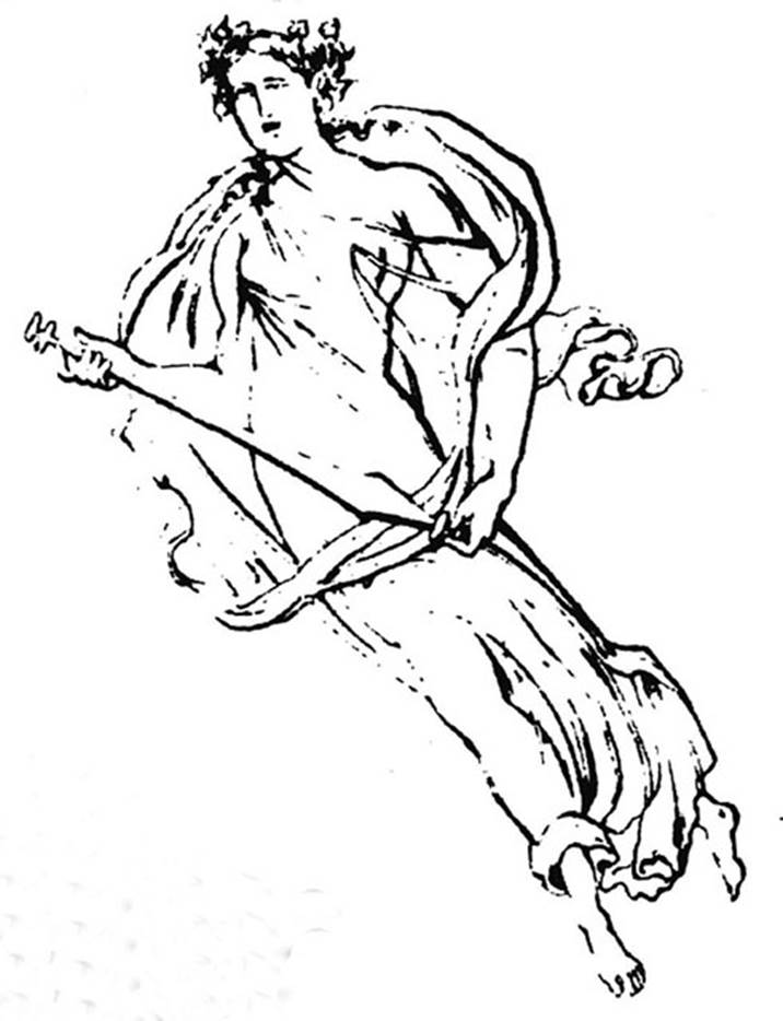 VIII.4.4 Pompeii. Entrance corridor or fauces. 1861 drawing of floating figure carrying the baetylus sceptre of Venus. 
Now in Naples Archaeological Museum. Inventory number 9300. 
See Giornale di Scavi 1861, Tav. III no. 4.
See Richardson, L., 2000. A Catalog of Identifiable Figure Painters of Ancient Pompeii, Herculaneum. Baltimore: John Hopkins. (p.156)
See Helbig, W., 1868. Wandgemälde der vom Vesuv verschütteten Städte Campaniens. Leipzig: Breitkopf und Härtel, 1920.