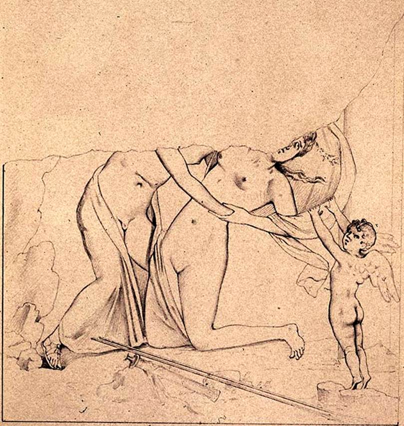 VIII.4.4 Pompeii. Room 4, east wall. 19th century drawing by A. Aureli of painting of Apollo and Daphne with Eros. 
Photo © Deutsches Archäologisches Institut, Abteilung Rom, Arkiv.