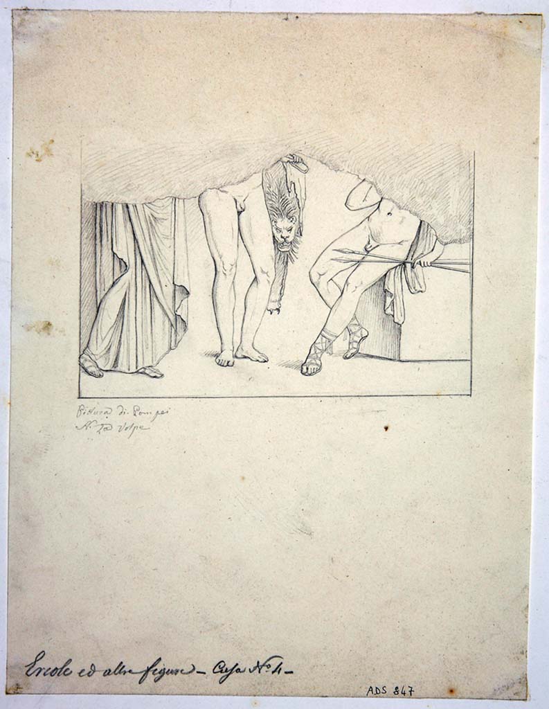 VIII.4.4 Pompeii. Room 4, south wall.  
Drawing by Nicola La Volpe, of painting of Hercules between Alcestis and Admetus from centre of south wall.
Now in Naples Archaeological Museum. Inventory number ADS 847.
Photo © ICCD. http://www.catalogo.beniculturali.it
Utilizzabili alle condizioni della licenza Attribuzione - Non commerciale - Condividi allo stesso modo 2.5 Italia (CC BY-NC-SA 2.5 IT)