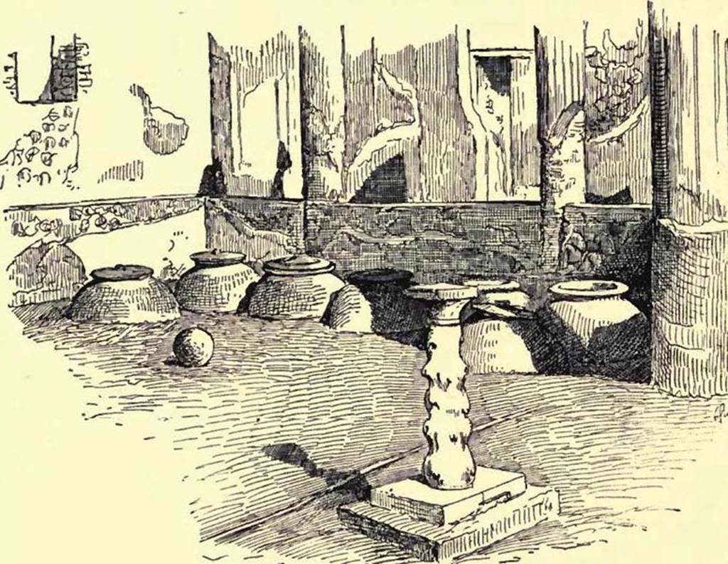 VIII.4.12 Pompeii. Looking east across garden/portico.
This drawing by Pierre Gusman is described as a “Storeroom”. 
He says – “Some wine-merchants and other dealers simply planted their dolia in the soil of their gardens”.
See Gusman, P. (1900). Pompei, the city, its life and art. London, William Heinemann. (p.287).