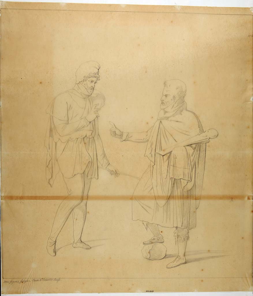 VIII.4.15 Pompeii. Room 5, oecus. 19th century copy by N. La Volpe of painting of two bearded Phrygians in conversation.
See Helbig, W., 1868. Wandgemälde der vom Vesuv verschütteten Städte Campaniens. Leipzig: Breitkopf und Härtel, 1398.
Now in Naples Archaeological Museum. Inventory number ADS 867.
Photo © ICCD. http://www.catalogo.beniculturali.it
Utilizzabili alle condizioni della licenza Attribuzione - Non commerciale - Condividi allo stesso modo 2.5 Italia (CC BY-NC-SA 2.5 IT)