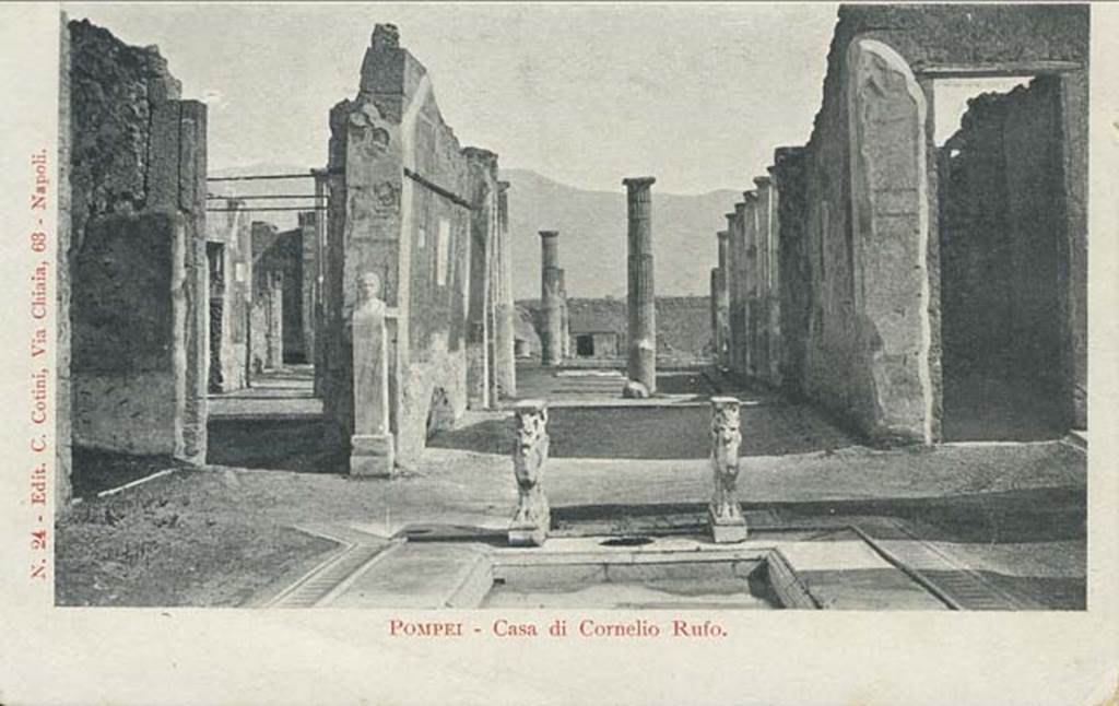 VIII.4.15 Pompeii. Old postcard of unknown date. Looking south from atrium across tablinum towards peristyle. Photo courtesy of Rick Bauer.
