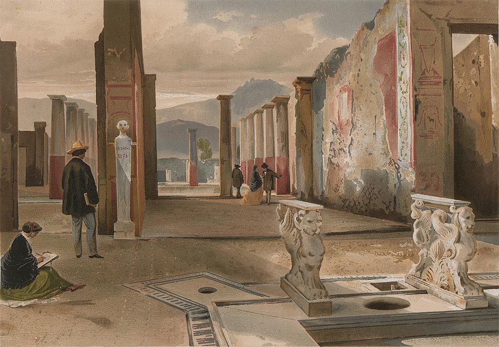 VIII.4.15 Pompeii. Pre-1862. 
Painting by G. Gigante published by Niccolini, looking from atrium towards west wall of tablinum and through to peristyle.
See Niccolini F, 1862. Le case ed i monumenti di Pompei: Volume Secondo. Napoli, Tav. XXV.