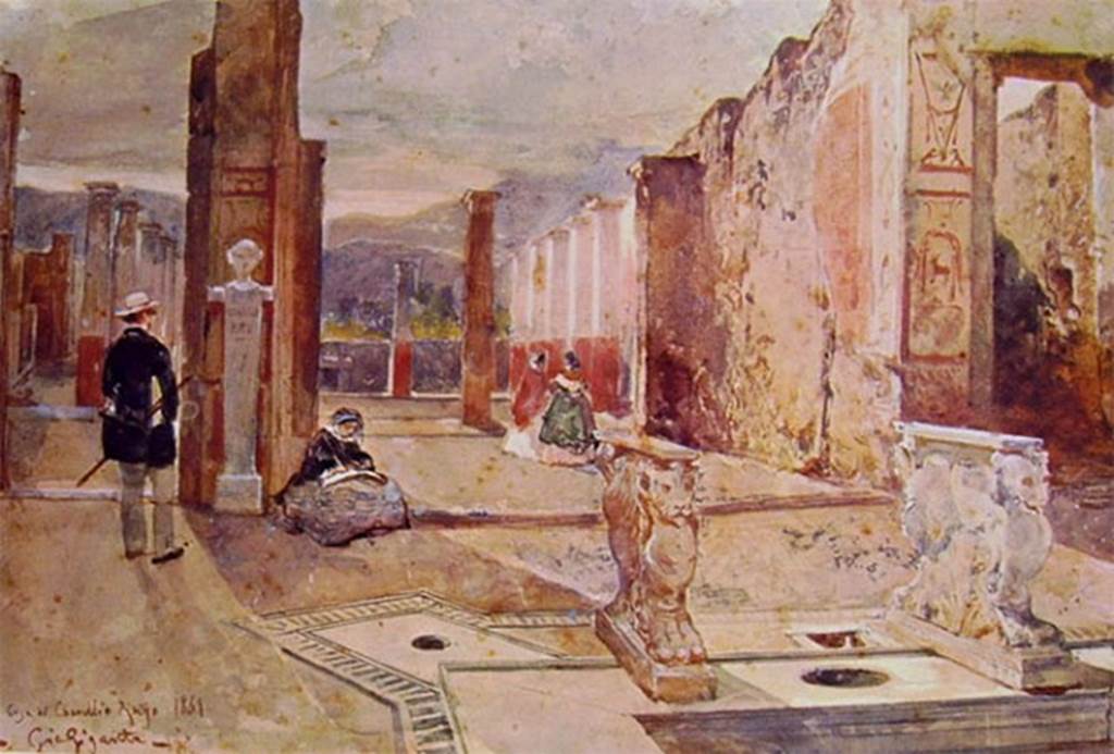 VIII.4.15 Pompeii. 1861 painting by G. Gigante looking from atrium through the tablinum to the peristyle. 
Looking south from atrium towards tablinum.