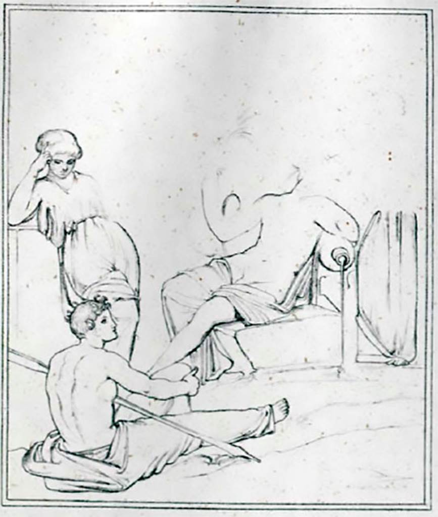 VIII.4.15 Pompeii. 1868. Room 6, tablinum. Copy by Helbig of painting of Sarnus with Nymphs.
See Helbig, W., 1868. Wandgemälde der vom Vesuv verschütteten Städte Campaniens. Leipzig: Breitkopf und Härtel, 1018, Taf. XIa.