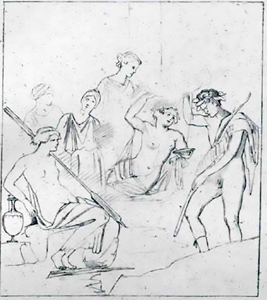 VIII.4.15 Pompeii. 1868. Room 6, tablinum. Copy by Helbig of painting of a local Sarnus Valley myth from room.
On the left a woman sits next to a hydria or water jar. On her left shoulder is a rudder.
In the middle sits a second woman and between these two women water is flowing. 
On the right stands a brown male figure with a crown of ivy.
At the rear are the faded images of three women.
See Helbig, W., 1868. Wandgemälde der vom Vesuv verschütteten Städte Campaniens. Leipzig: Breitkopf und Härtel, 1020, Taf. XII.