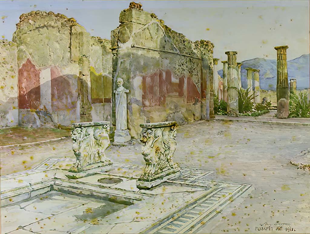VIII.4.15 Pompeii. September 1913. Watercolour by Luigi Bazzani, looking across impluvium in room 1, the atrium.
Now in Naples Archaeological Museum, inv. no. 139441
See Davvero! La Pompei di fine '800 nella Pittura di Luigi Bazzani: a cura di Daniela Scagliarini, Antonella Coralini, Riccardo Helg, 2014, p. 78.