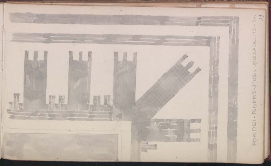 VIII.4.15 Pompeii. Between 1891 and 1895. 
Painting by Johannes Magdahl Nielsen (1862-1941) showing detail of impluvium surround in Room 1, atrium.
See Johannes Magdahl Nielsen (1862-1941), Rejseskitser, Tyskland, Italien, skitsebog fra 1891 og 1895, pl. 39.
Photo © Danmarks Kunstbibliotek, inventory number 53802. Download sketchbook