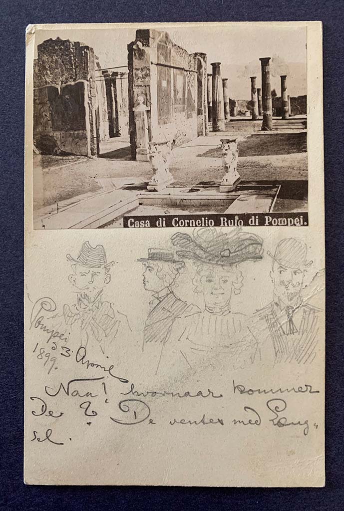 VIII.4.15 Pompeii. Postcard with drawing of four people dated 3rd April 1899.
The message in Danish under the drawing appears to say When will you come? They waited long in the sun.
Photo courtesy of Rick Bauer.