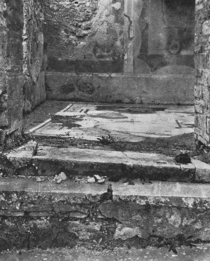VIII.4.34 Pompeii. c.1930. Room 5, looking west towards steps from tablinum, across mosaic flooring in cubiculum.
See Blake, M., (1930). The pavements of the Roman Buildings of the Republic and Early Empire. Rome, MAAR, 8, (p.14, ftn 3, 108, & Pl.2, tav.4).