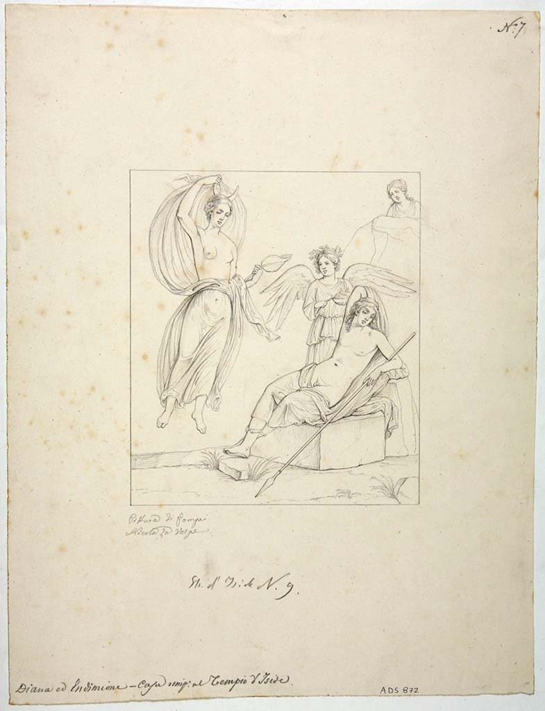 VIII.4.34 Pompeii. Drawing by Nicola La Volpe, of painting of Selene and Endymion found on west wall of cubiculum.
Endymion is sleeping under the influence of Hypnos.
Selene descends from above, crowned with a crescent moon.
Another figure watches from behind a rock.
See Helbig, W., 1868. Wandgemälde der vom Vesuv verschütteten Städte Campaniens. Leipzig: Breitkopf und Härtel, 956.
Now in Naples Archaeological Museum. Inventory number ADS 872.
Photo © ICCD. http://www.catalogo.beniculturali.it
Utilizzabili alle condizioni della licenza Attribuzione - Non commerciale - Condividi allo stesso modo 2.5 Italia (CC BY-NC-SA 2.5 IT)