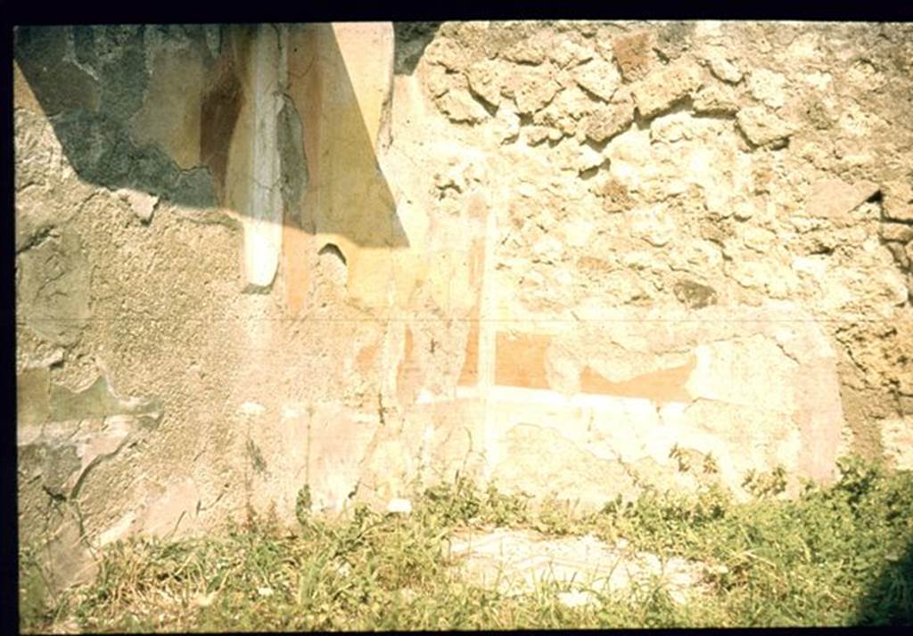 VIII.4.34 Pompeii. Remains of wall decorations in north-west corner of room to west of the tablinum, the cubiculum.
Photographed 1970-79 by Günther Einhorn, picture courtesy of his son Ralf Einhorn.
According to PPM, the west wall of cubiculum had a yellow zoccolo which was subdivided into panels with plants and mirrored compartments.
in the middle zone the central aedicula had a red background with a central yellow portion in which was placed a painting of Selene and Endymion, uselessly protected from the elements by insufficient roofing.
The side panels, of which the one to the north was interrupted by a window, had a wide red border with a yellow centre.
See Carratelli, G. P., 1990-2003. Pompei: Pitture e Mosaici: Vol. VIII. Roma: Istituto della enciclopedia italiana, p. 544.