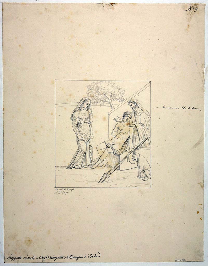VIII.4.34 Pompeii. Drawing by Nicola La Volpe of painting of Phaedra and Hippolytus from north end of east wall of the cubiculum fenestratum.
See Helbig, W., 1868. Wandgemälde der vom Vesuv verschütteten Städte Campaniens. Leipzig: Breitkopf und Härtel, (1245).
Now in Naples Archaeological Museum. Inventory number ADS 881.
Photo © ICCD. http://www.catalogo.beniculturali.it
Utilizzabili alle condizioni della licenza Attribuzione - Non commerciale - Condividi allo stesso modo 2.5 Italia (CC BY-NC-SA 2.5 IT)