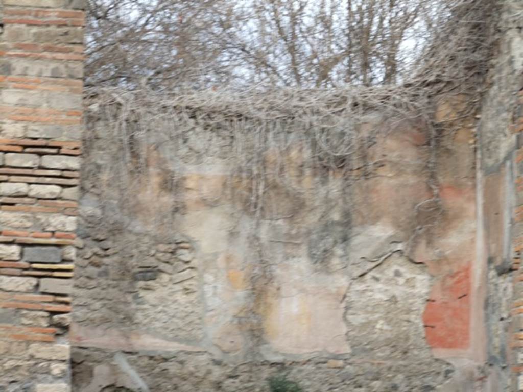 VIII.4.34 Pompeii. December 2007. Rear wall of tablinum.
According to Breton, in the tablinum were two well preserved wall paintings, to the right Hercules and Omphale, to the left an unidentified subject.
Helbig agreed.
See Breton, Ernest. 1870. Pompeia, Guide de visite a Pompei, 3rd ed. Paris, Guerin. 
See Helbig, W., 1868. Wandgemälde der vom Vesuv verschütteten Städte Campaniens. Leipzig: Breitkopf und Härtel. (1136 and 971)
In the west wall of tablinum, was the doorway to the cubiculum.
In the central panel of the west wall, there remained only part of the painting showing Dirce tied to the bull.