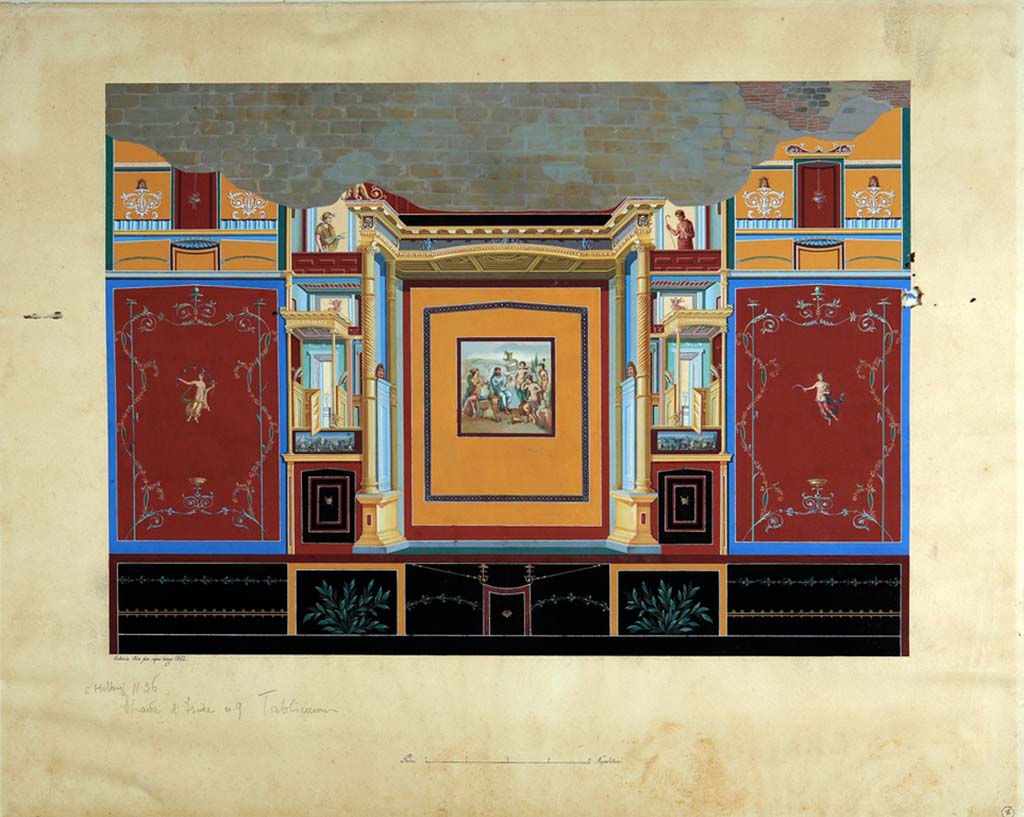 VIII.4.34 Pompeii. Painting by Antonio Ala, 1862, of the north wall of tablinum. 
In the centre yellow panel is the painting of Hercules and Omphale.
In the red side panels, with candelabra with twining plants, are the personifications of Autumn and Summer.
Between are complex architectural scenes.
In the upper zone are theatrical masks.
In the lower zone are plants and garlands.
According to Breton and Helbig, see above, the wall with the painting of Hercules and Omphale was to the right (this would mean the east wall).
Now in Naples Archaeological Museum. Inventory number ADS 870.
Photo © ICCD. http://www.catalogo.beniculturali.it
Utilizzabili alle condizioni della licenza Attribuzione - Non commerciale - Condividi allo stesso modo 2.5 Italia (CC BY-NC-SA 2.5 IT)