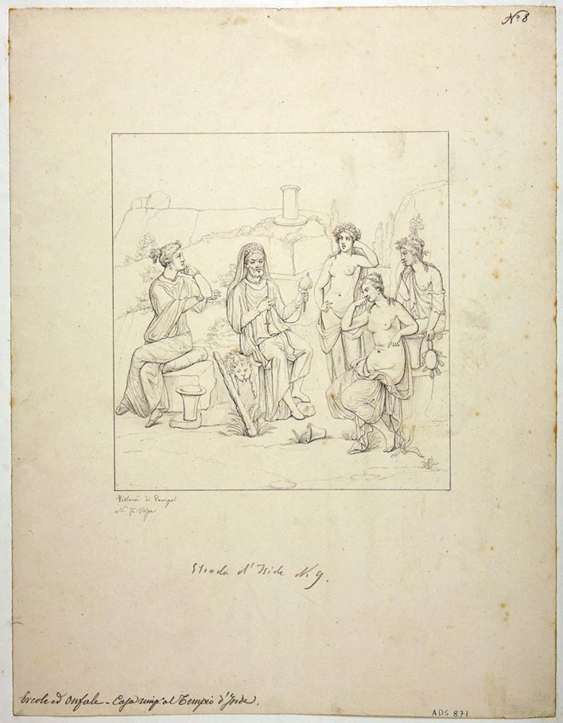 VIII.4.34 Pompeii. Drawing by Nicola La Volpe, 1862, of painting of Hercules and Omphale from centre of north wall in tablinum.
Now in Naples Archaeological Museum. Inventory number ADS 871.
Photo © ICCD. http://www.catalogo.beniculturali.it
Utilizzabili alle condizioni della licenza Attribuzione - Non commerciale - Condividi allo stesso modo 2.5 Italia (CC BY-NC-SA 2.5 IT)