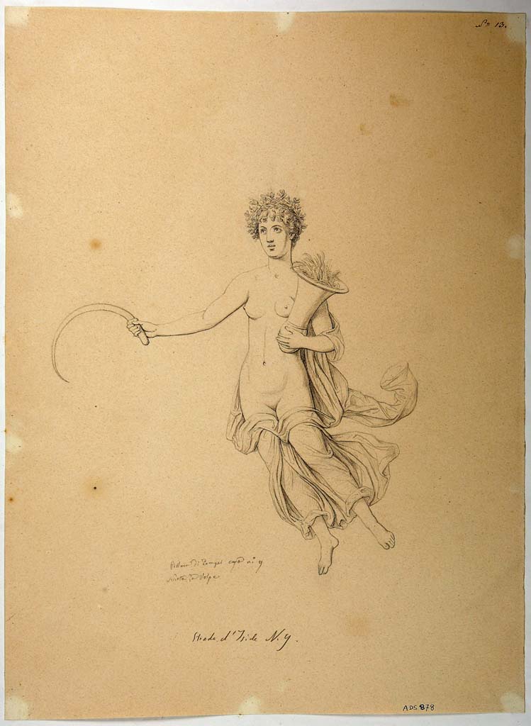 VIII.4.34 Pompeii. Drawing by Nicola La Volpe, of painting of Summer, from red panel at east end of north wall of tablinum. 
Her mantle is green. In her right hand is a sickle. In her left hand is a kalathos (vase) full of ears of corn.
See Helbig, W., 1868. Wandgemälde der vom Vesuv verschütteten Städte Campaniens. Leipzig: Breitkopf und Härtel, 982.
Now in Naples Archaeological Museum. Inventory number ADS 878.
Photo © ICCD. http://www.catalogo.beniculturali.it
Utilizzabili alle condizioni della licenza Attribuzione - Non commerciale - Condividi allo stesso modo 2.5 Italia (CC BY-NC-SA 2.5 IT)