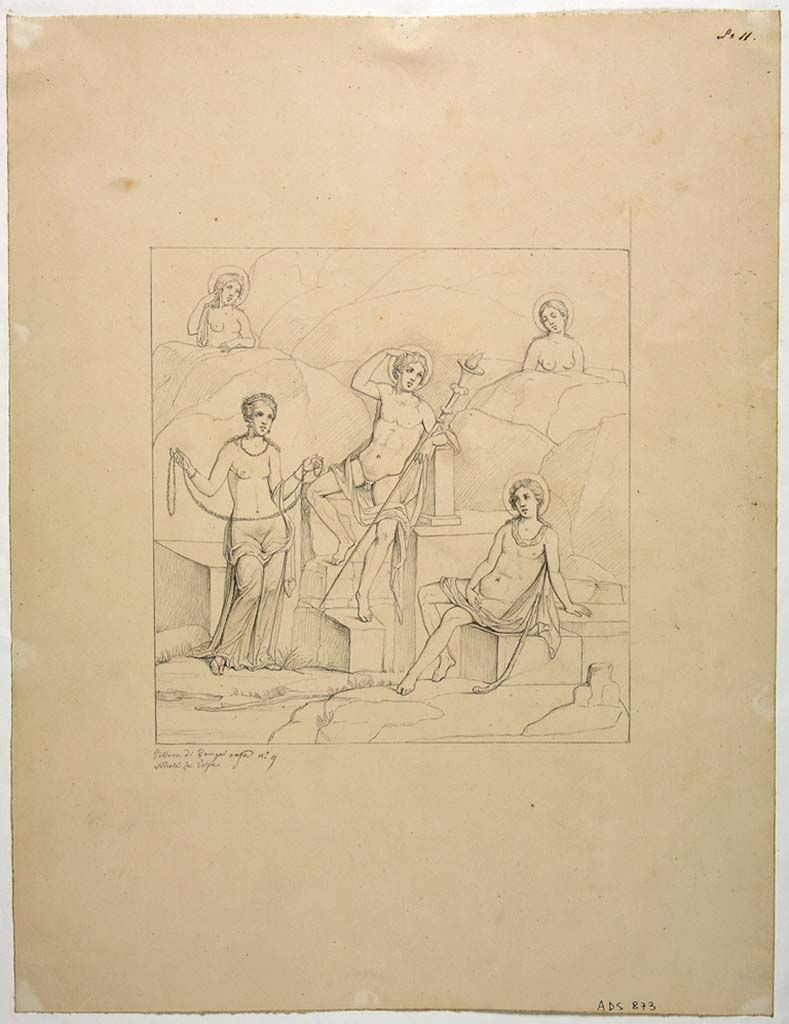 VIII.4.34 Pompeii. Drawing by Nicola La Volpe, of painting of the contest between the gods of light (la gara tra divinità della luce).
This would have been seen on the east wall of the tablinum.
Dionysus is the judge in the centre holding a long torch.
Venus is holding a garland on the left of the picture.
Hesperus with a halo and star on his head is sitting on the right.
Two other female divinities with halos are assisting from on high.
See Helbig, W., 1868. Wandgemälde der vom Vesuv verschütteten Städte Campaniens. Leipzig: Breitkopf und Härtel, (971)
Now in Naples Archaeological Museum. Inventory number ADS 873.
Photo © ICCD. http://www.catalogo.beniculturali.it
Utilizzabili alle condizioni della licenza Attribuzione - Non commerciale - Condividi allo stesso modo 2.5 Italia (CC BY-NC-SA 2.5 IT)