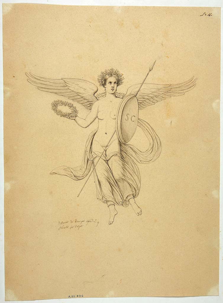 VIII.4.34 Pompeii. Drawing by Nicola La Volpe, of painting of Nike with shield and lance.
This would have been seen on a red painted side panel of the tablinum but from an unknown wall.
See Helbig, W., 1868. Wandgemälde der vom Vesuv verschütteten Städte Campaniens. Leipzig: Breitkopf und Härtel, (910).
Now in Naples Archaeological Museum. Inventory number ADS 874.
Photo © ICCD. http://www.catalogo.beniculturali.it
Utilizzabili alle condizioni della licenza Attribuzione - Non commerciale - Condividi allo stesso modo 2.5 Italia (CC BY-NC-SA 2.5 IT)