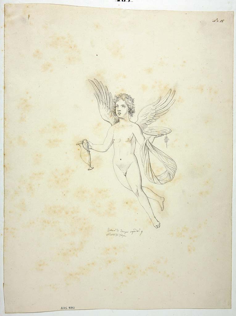 VIII.4.34 Pompeii. Drawing by Nicola La Volpe, of painting of Cupid in flight carrying a jug (urceo) and plate (patera).
This was seen on an unknown wall in the tablinum. 
See Carratelli, G. P., 1990-2003. Pompei: Pitture e Mosaici: Vol. VIII.  Roma: Istituto della enciclopedia italiana, p. 541.
Now in Naples Archaeological Museum. Inventory number ADS 880.
Photo © ICCD. http://www.catalogo.beniculturali.it
Utilizzabili alle condizioni della licenza Attribuzione - Non commerciale - Condividi allo stesso modo 2.5 Italia (CC BY-NC-SA 2.5 IT)