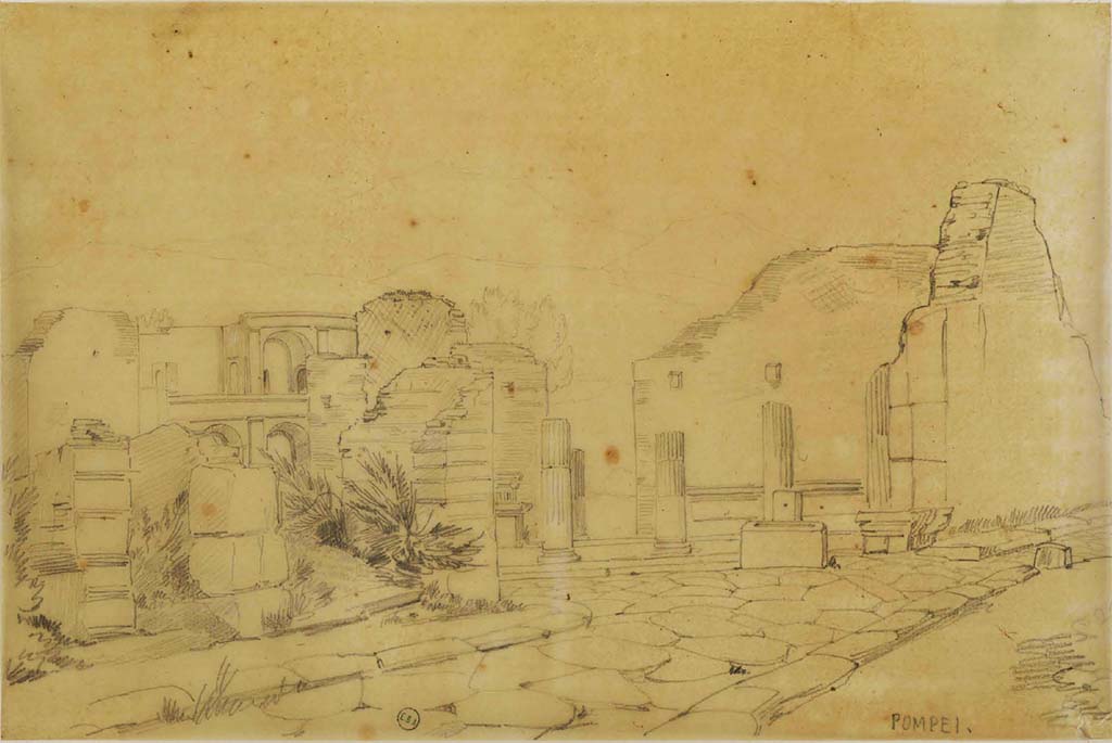 VIII.4.41 and 40, Pompeii, (on left). Sketch by Jean-Baptiste Ciceron Lesueur (1794-1883).
Looking south from Via dei Teatri towards entrance of Triangular Forum with fountain outside.
See Lesueur, Jean-Baptiste Ciceron. Voyage en Italie de Jean-Baptiste Ciceron Lesueur (1794-1883), pl. 67.
See Book on INHA reference INHA NUM PC 15469 (04)  « Licence Ouverte / Open Licence » Etalab