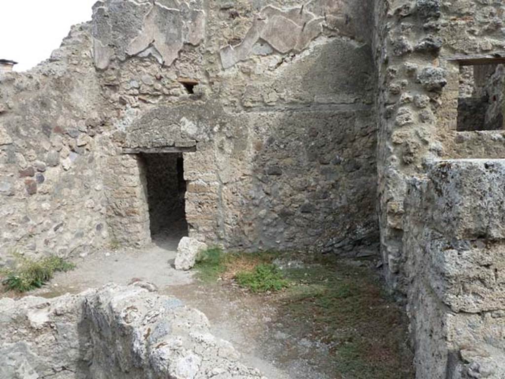 VIII.4.44 Pompeii. September 2015. Upper and lower walls on east side of room at rear of triclinium.