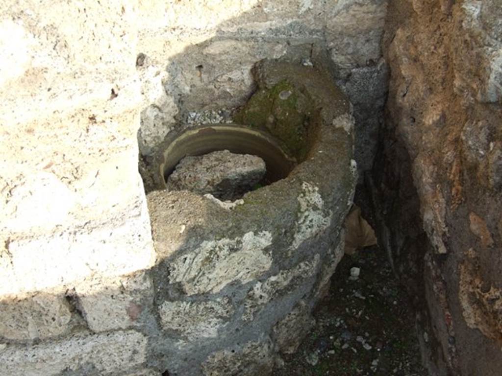 VIII.4.51 Pompeii. December 2007.  Pipe with large diameter, in south-east corner of rear room on north side of shop. According to Hobson, this feature may also be for rubbish disposal, as it does not appear to descend from above. 
See Hobson, B., 2009. Latrinae et foricae: Toilets in the Roman World. London; Duckworth. (p.93 and fig.115)