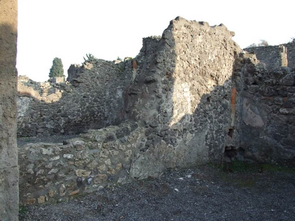 VIII.5.3 Pompeii. December 2007. East wall. According to Eschebach, at the rear on the left, were the stairs to the upper floor, next to a doorway into the atrium of VIII.5.2.
See Eschebach, L., 1993. Gebäudeverzeichnis und Stadtplan der antiken Stadt Pompeji. Köln: Böhlau. (p.379)