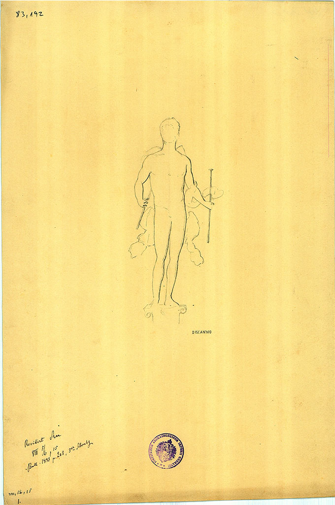 VIII.5.15 Pompeii. 
Sketch by Discanno, from panel on west wall in Room 2, detail of male figure could be seen with a flute in each hand.
DAIR 83.192.  Photo © Deutsches Archäologisches Institut, Abteilung Rom, Arkiv.
