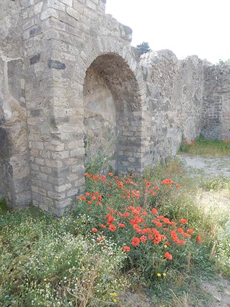 VIII.5.17 Pompeii. May 2017. Recess with stairs to upper floor. Looking south along east wall.  Photo courtesy of Buzz Ferebee.