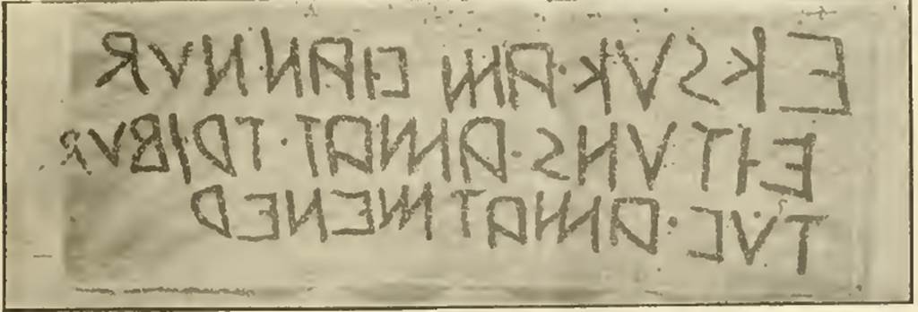 VIII.5.19 Pompeii, 1897. Drawing of  “Eituns” on east pilaster between VIII.5.19 and VIII.5.20. See Notizie degli Scavi di Antichità, 1897, p. 465, fig. 4. According to Vetter, this Eituns (Vetter 27) translates in Latin as (Ex) hoc vico evocati (hac) ad domum publicam, (illa) ad (aedem) Miner(vae). See Vetter E., 1953. Handbuch der Italischen Dialekte. Heidelberg: Winter. (p. 56).