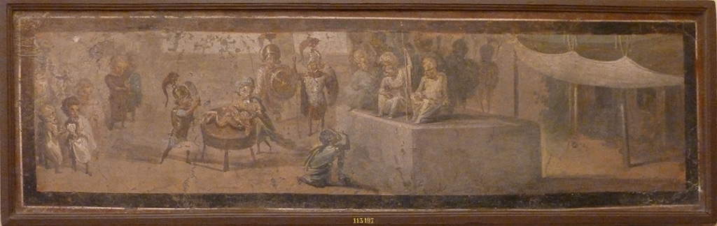 VIII.5.24 Pompeii. Wall painting of Pygmies acting the Judgement of Solomon. 
From a low wall connecting peristyle columns in VIII.5.24.  
Now in Naples Archaeological Museum. Inventory number 113197.