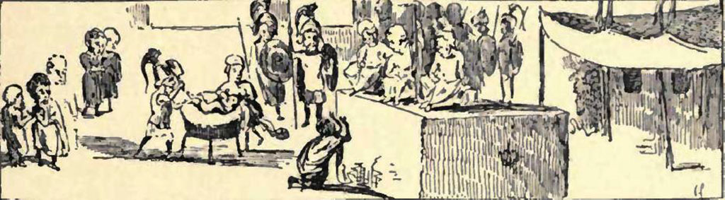 VIII.5.24 Pompeii. Drawing by Pierre Gusman entitled Parody of the Judgement of Solomon.
See Gusman, P. (1900). Pompei, the city, its life and art. London, William Heinemann. (p.377).