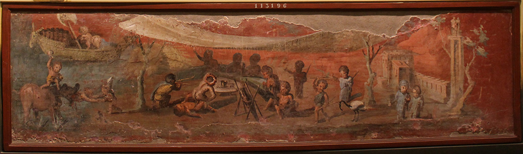 VIII.5.24 Pompeii. March 2014. Wall painting of Nile banquet scene with pygmies or a parody of the story of Jonah. 
From a low wall connecting peristyle columns in VIII.5.24.  
Now in Naples Archaeological Museum. Inventory number113196.
Foto Annette Haug, ERC Grant 681269 DÉCOR.