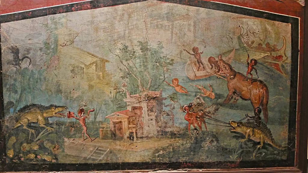VIII.5.24 Pompeii. 2016/2017. 
Wall painting of Pygmies in a Nile Scene. Found 1882, from a low wall connecting peristyle columns in VIII.5.24.  
Now in Naples Archaeological Museum. Inventory number 113195.  Photo courtesy of Giuseppe Ciaramella.