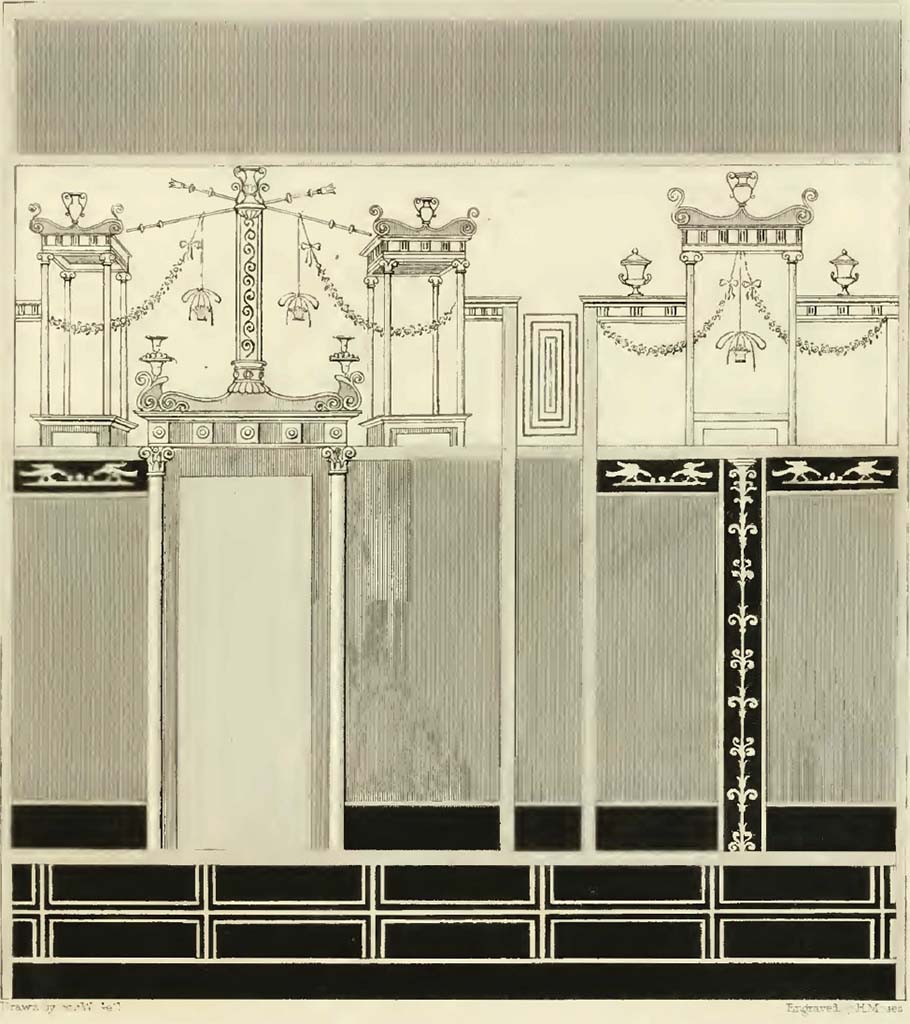 VIII.5.28 Pompeii. c.1830. Room 3, drawing by Gell of a wall of a cubiculum.
Gell describes this cubiculum as being highly charged with colour distributed in panels, and completely different from the other cubiculum seen in our Room 7, with light tracery on a white background.
This painted wall had been deliberately arranged for the admission of a bed, which occupied the space of two panels on the right, so as to leave the yellow portal and its two side panels a perfectly regular design not interfering with the couch.
The chamber is, like the other, singularly small, not exceeding eight feet in length, and calculated only for the purposes of a cubiculum or bedroom.
See Gell, W, 1832. Pompeiana: Vol 2. London: Jennings and Chaplin, p.56-57, and Plate IV.