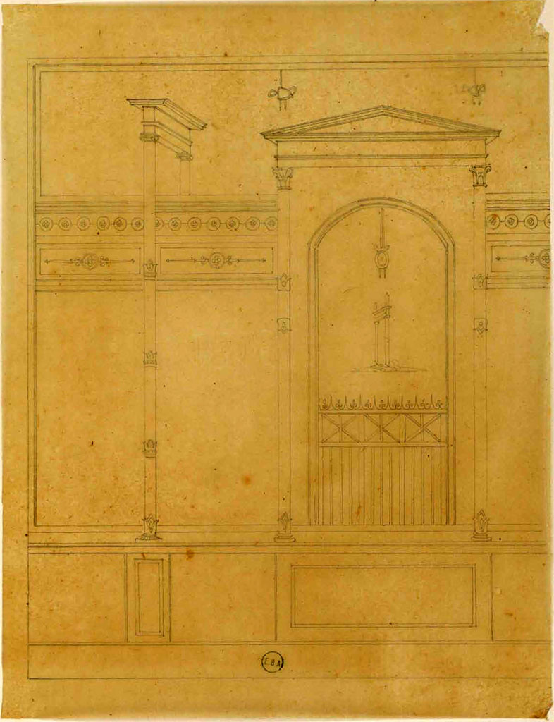 Pompeii. 19th century drawing of part of a wall, by Jean-Baptiste Ciceron Lesueur.
See Lesueur, Jean-Baptiste Ciceron. Voyage en Italie de Jean-Baptiste Ciceron Lesueur (1794-1883), pl. 90.
See Book on INHA reference INHA NUM PC 15469 (04)  « Licence Ouverte / Open Licence » Etalab