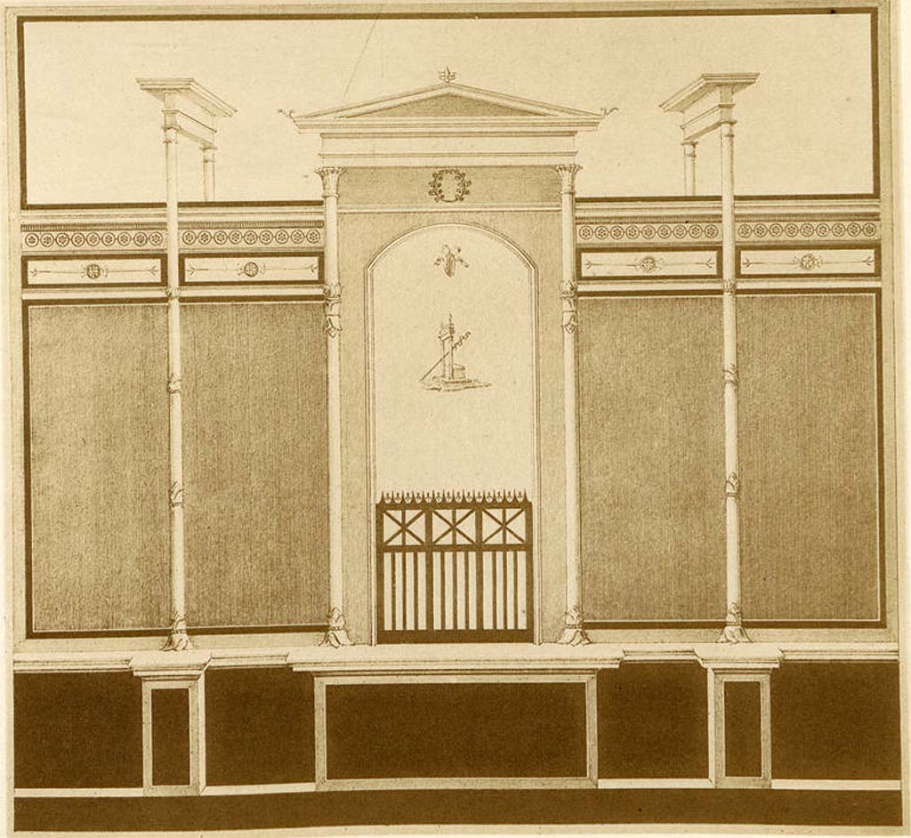 Pompeii. 1882. Decoration on wall in a cubiculum drawn by A. Sikkard.
According to Mau – 
“After Mazois:  wall decoration no longer visible from a house in the neighbourhood of the Temple of Fortuna”.
See Mau, A. 1882. Geschichte der Decorativen Wandmalerei in Pompeji. Berlin: Reimer, Taf. 10b.
According to Gell, this was from a house in the Street of (or South of) the Forum.
