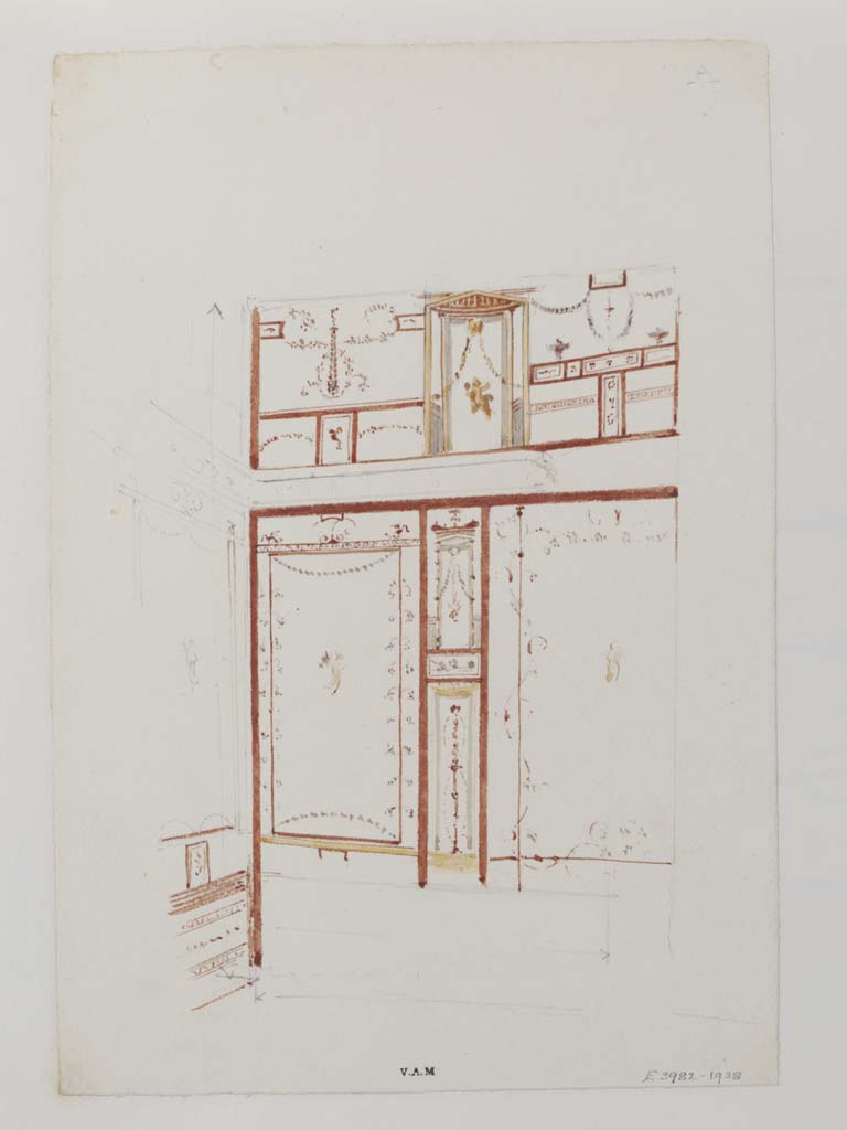 VIII.5.28 Pompeii. c.1840. 
Painting by James William Wild of east wall in a corner of a small room, 11.5 x 11 wide. 
Photo © Victoria and Albert Museum, inventory number E.3982-1938.
