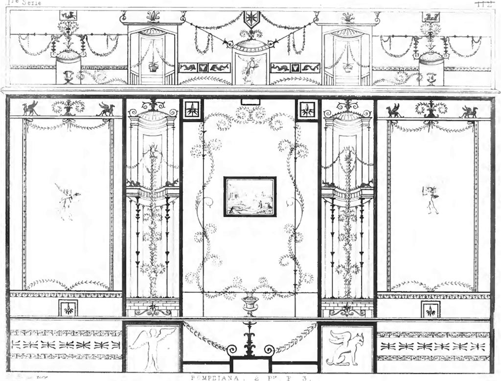 VIII.5.28 Pompeii. Room 7, painted wall in cubiculum.
According to Roux –
Planche 108.
….. la peinture, a la place de laquelle nous avons mis un petit paysage, a été enlevée et placée au musée : on dit que le sujet en était peu décent ; elle doit donc se trouver dans le Musée secret. Visconti la désigne comme représentant Sophonisbe et Massinissa.
(….. the painting, in the place of which we have put a small landscape, has been removed and placed in the museum: it is said that the subject was not very decent; it must therefore be in the Secret Museum. Visconti refers to it as representing Sophonisba and Massinissa.)
See Roux, H. (1840). Herculaneum et Pompei recueil général des peintures, bronzes, mosaïques, v.1, Peintures, série 1: Decorations Architecturales (p.133-134) (Planche 108, but written as No.112 and crossed through).
(Note: In VIII.2.39, (aka Casa di Giuseppe II or Casa di Fusco or House of Emperor Joseph II), a painting is shown there of Sophonisba, found 22nd July 1769, and now in Naples Archaeological Museum, inv. no. 8968.)