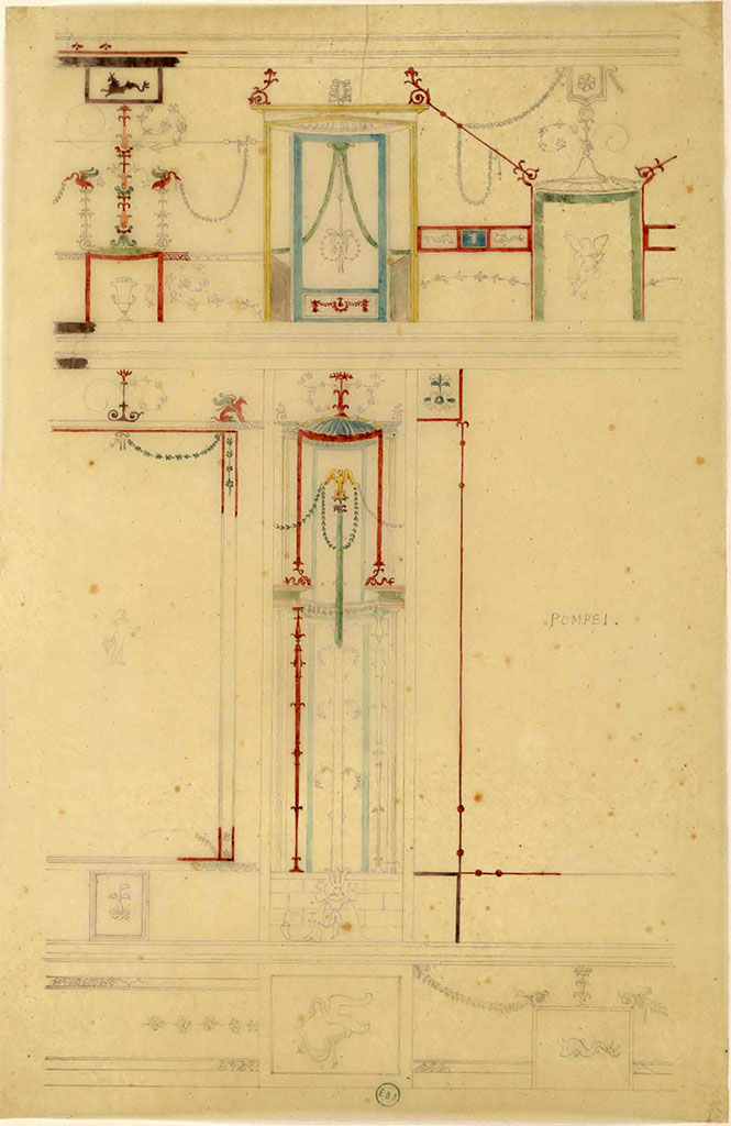 VIII.5.28 Pompeii. Room 7, undated watercolour painting of west end of north wall?
See Lesueur, Jean-Baptiste Ciceron. Voyage en Italie de Jean-Baptiste Ciceron Lesueur (1794-1883), pl. 94.
See Book on INHA reference INHA NUM PC 15469 (04)  « Licence Ouverte / Open Licence » Etalab